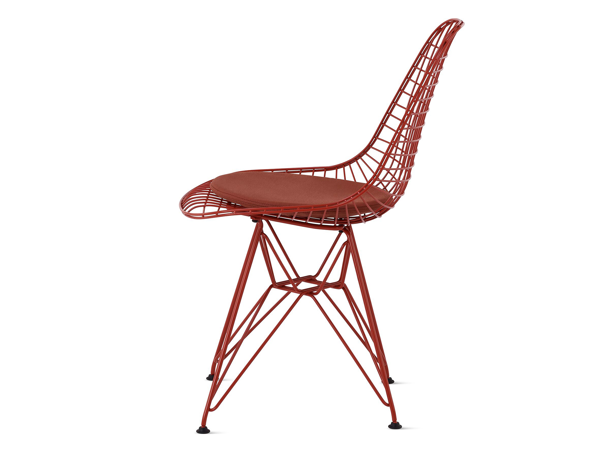Iron red wire upholstered chair with wire base side view